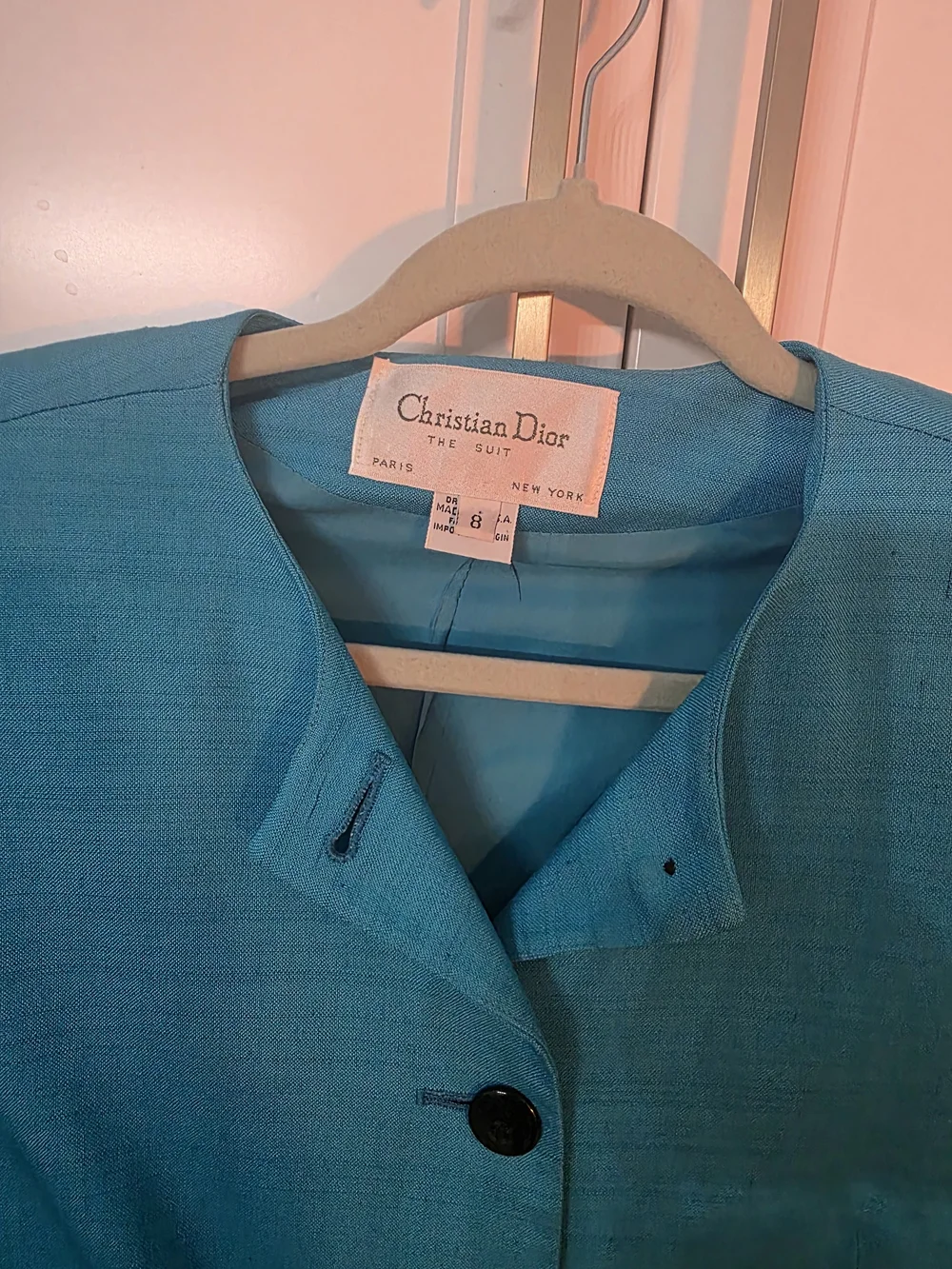 Vintage Christian Dior Women's Teal Collarless Jacket